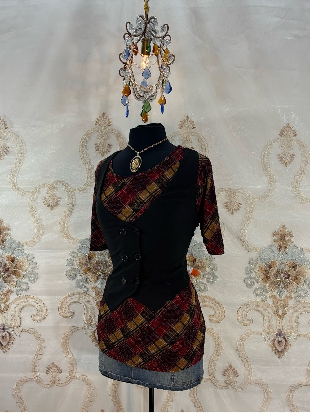 ✨Vintage Y2K Gold Glitter Tartan Print Short Sleeved Top✨